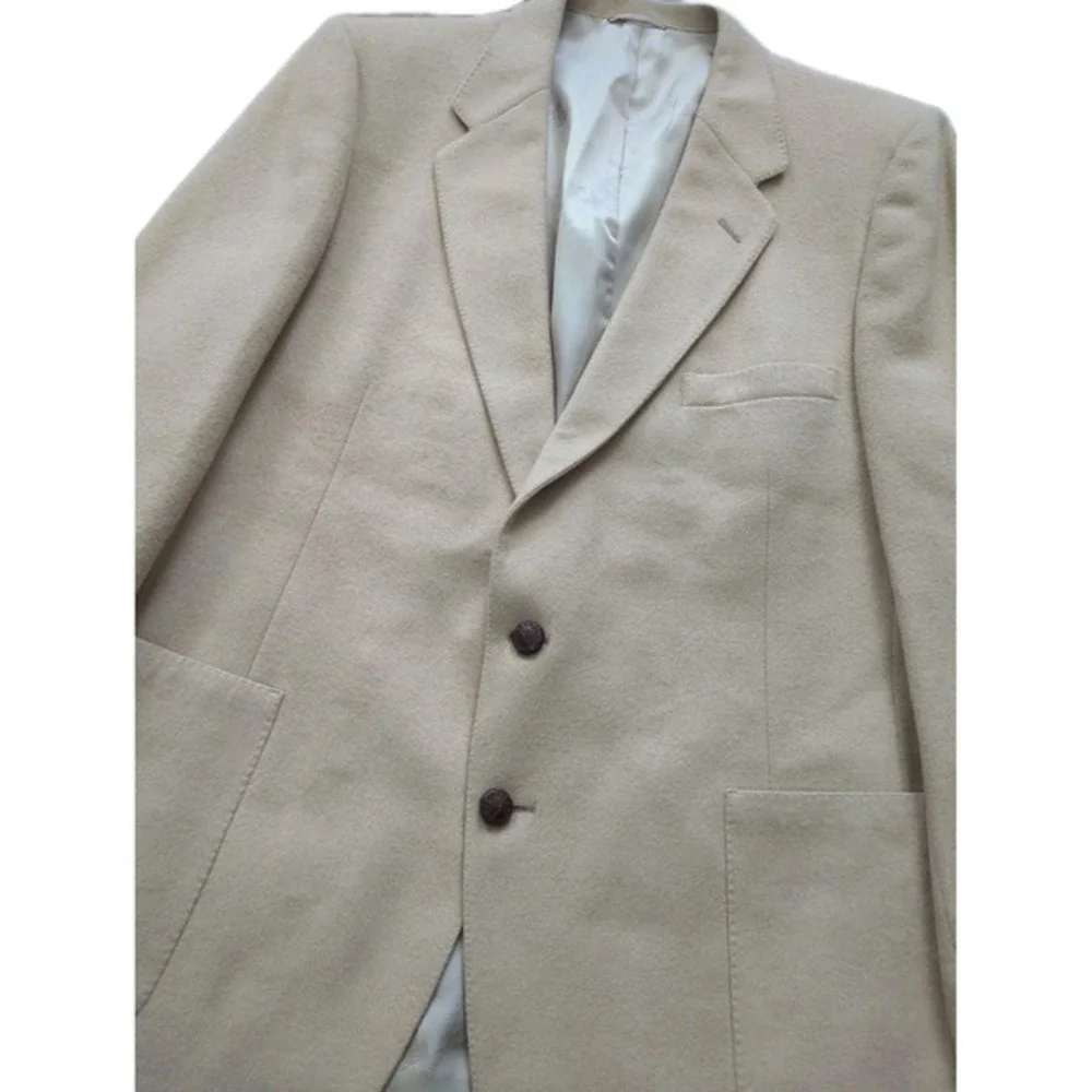 Vintage Lanvin 100% Camel Hair 2‎ Button Mens Beige Blazer Union Made USA Sz 46L